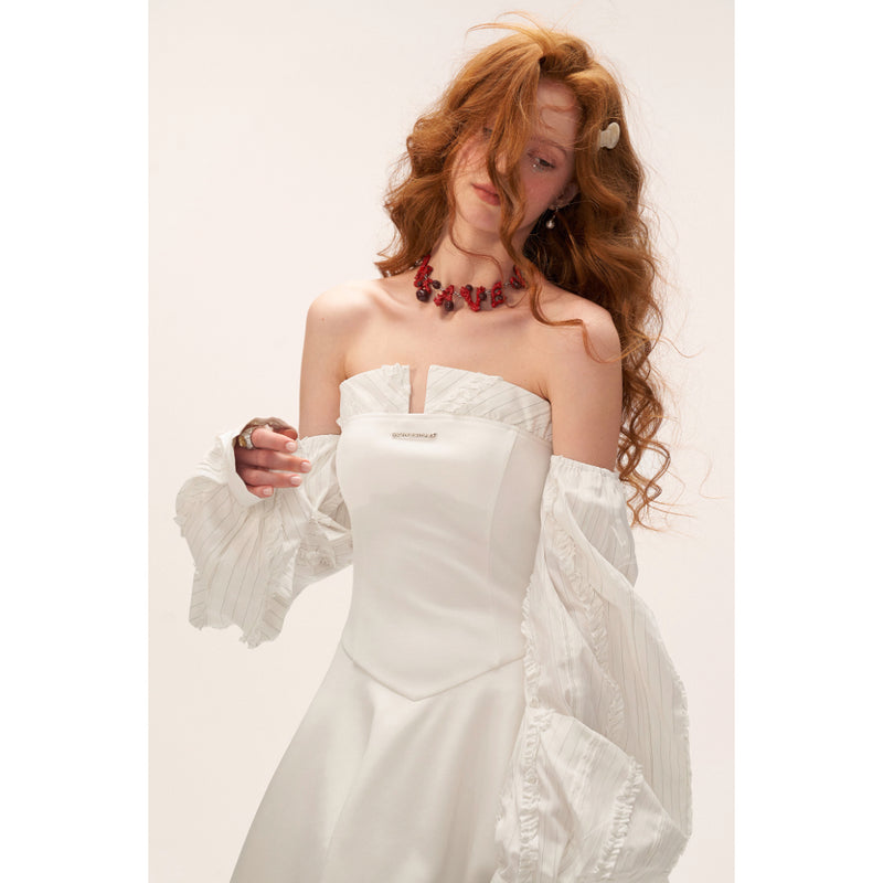 Pure White Striped Strapless Dress