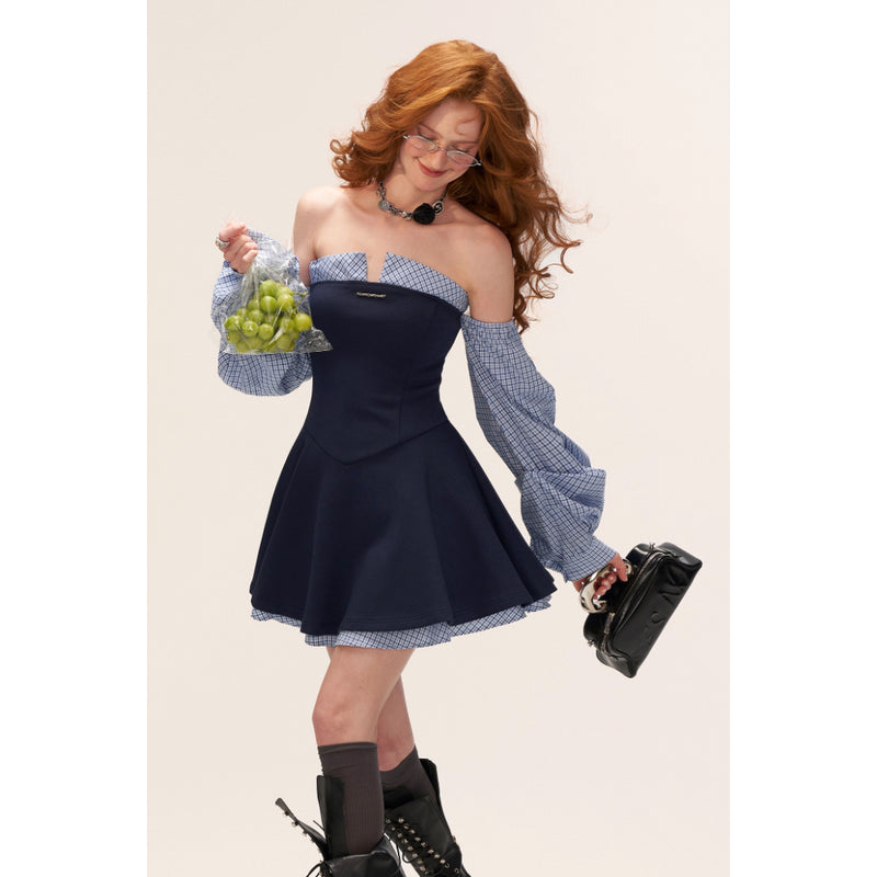 Navy Blue Striped Strapless Dress
