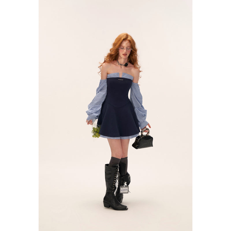 Navy Blue Striped Strapless Dress