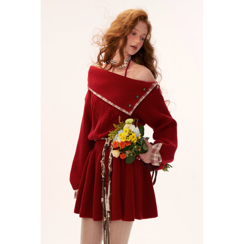 Off-the-shoulder Red Knit Dress