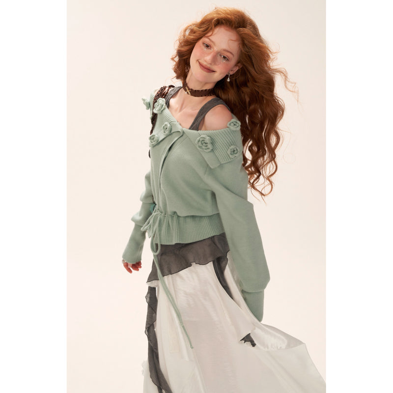 Rose Flower Off-the-shoulder Knit Cardigan