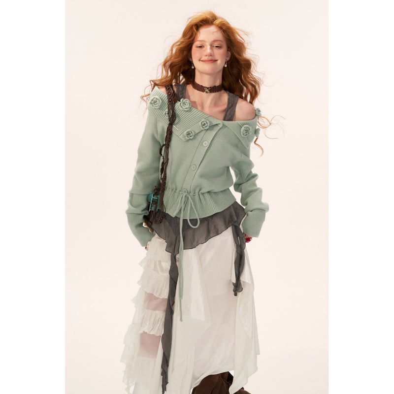 Rose Flower Off-the-shoulder Knit Cardigan