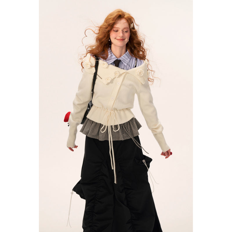 Rose Flower Off-the-shoulder Knit Cardigan