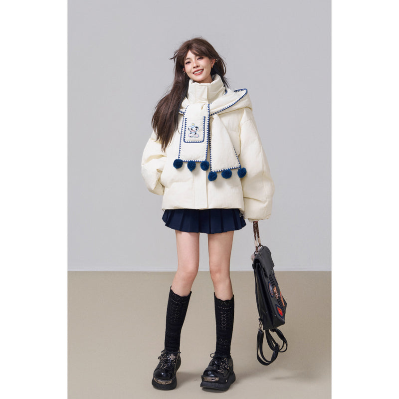 子犬の刺繍フードダウンジャケット