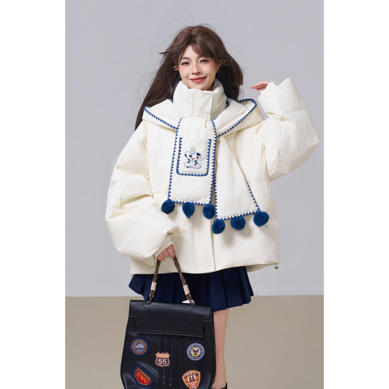 子犬の刺繍フードダウンジャケット