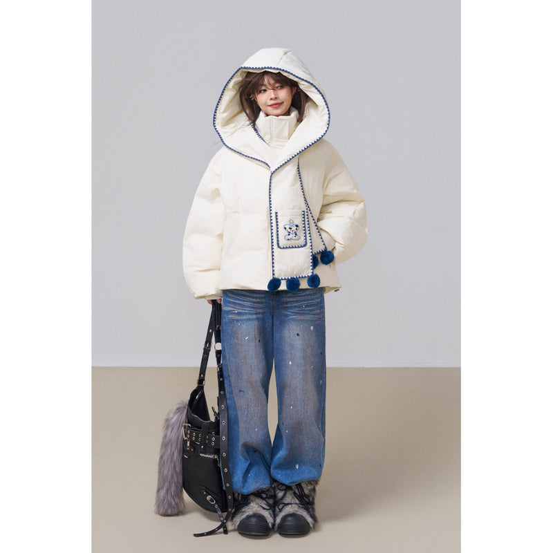 子犬の刺繍フードダウンジャケット