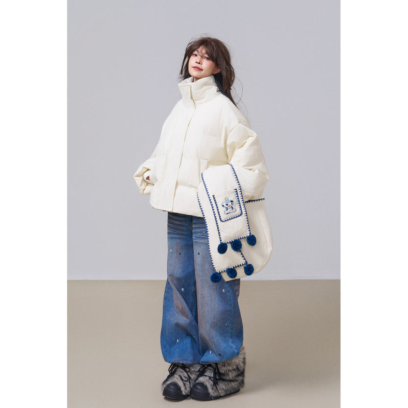 子犬の刺繍フードダウンジャケット