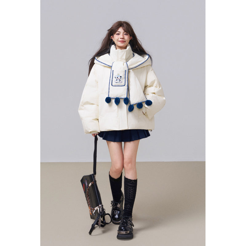 子犬の刺繍フードダウンジャケット