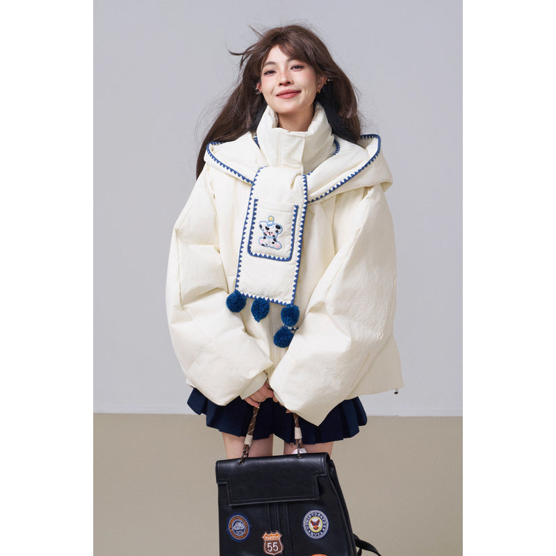 子犬の刺繍フードダウンジャケット