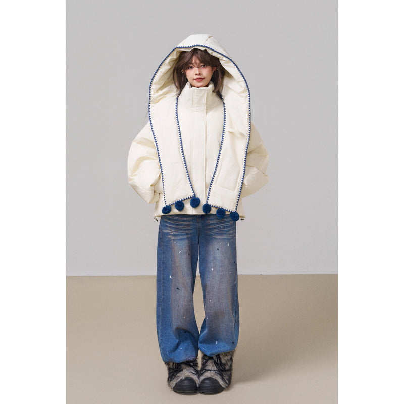 子犬の刺繍フードダウンジャケット