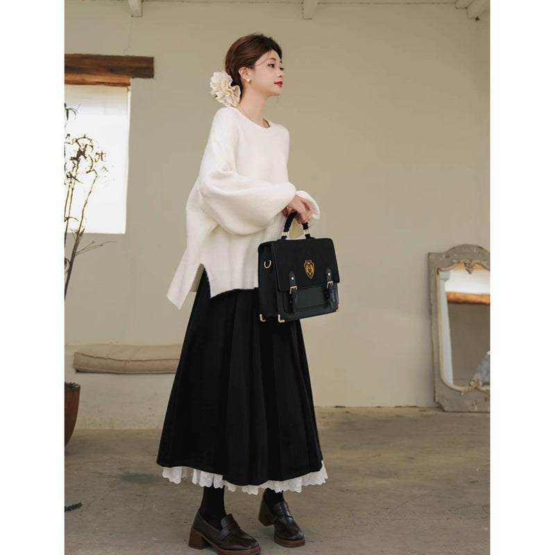 漆黒色のお嬢様のプリーツロングスカート