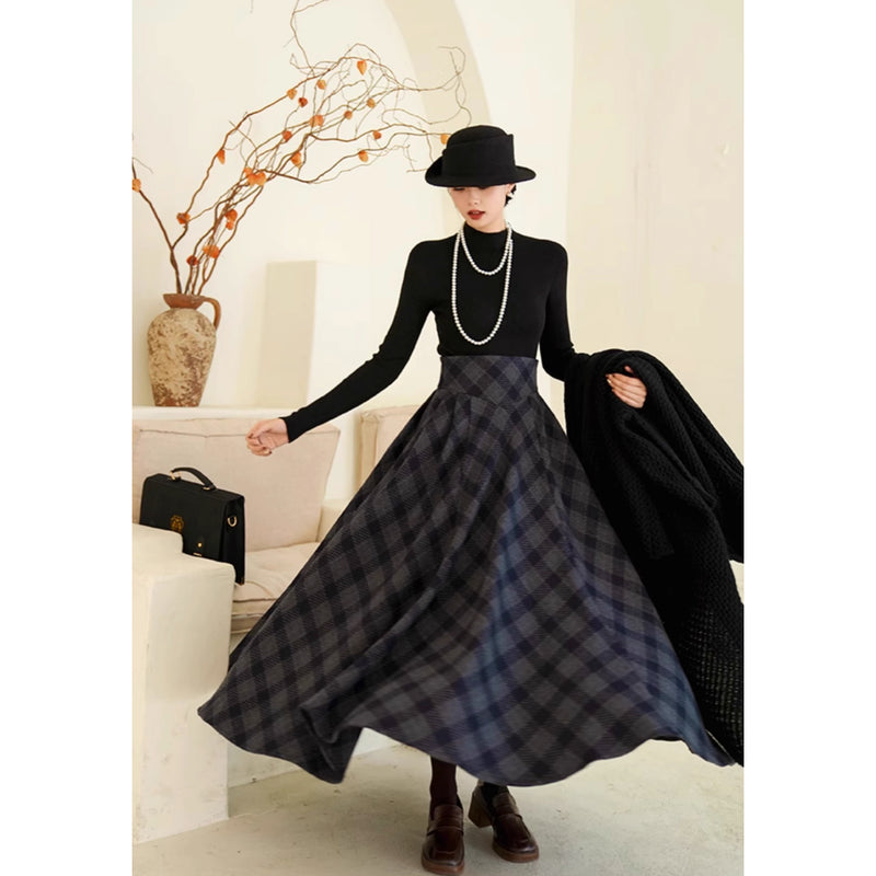 映画女優の格子柄ハイウエストロングスカート