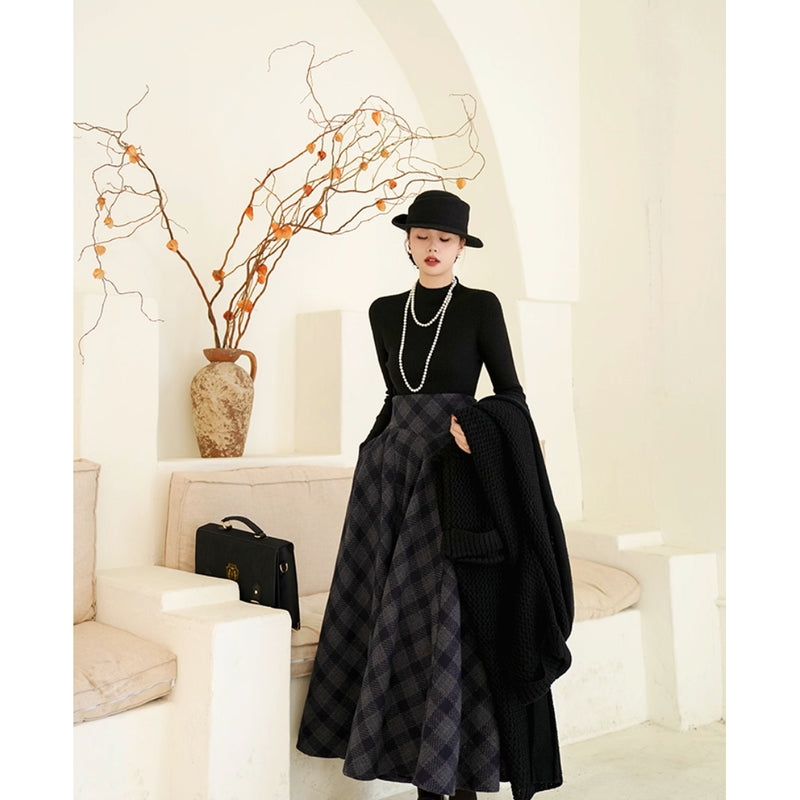 映画女優の格子柄ハイウエストロングスカート