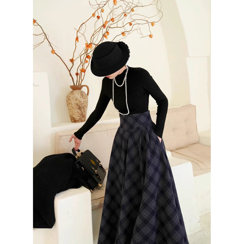 映画女優の格子柄ハイウエストロングスカート