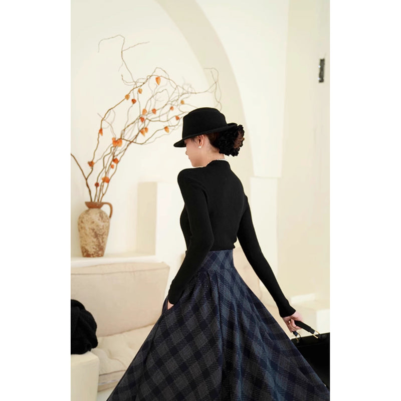 映画女優の格子柄ハイウエストロングスカート