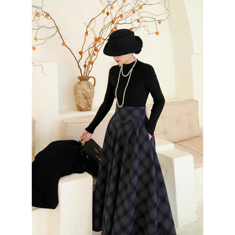 映画女優の格子柄ハイウエストロングスカート
