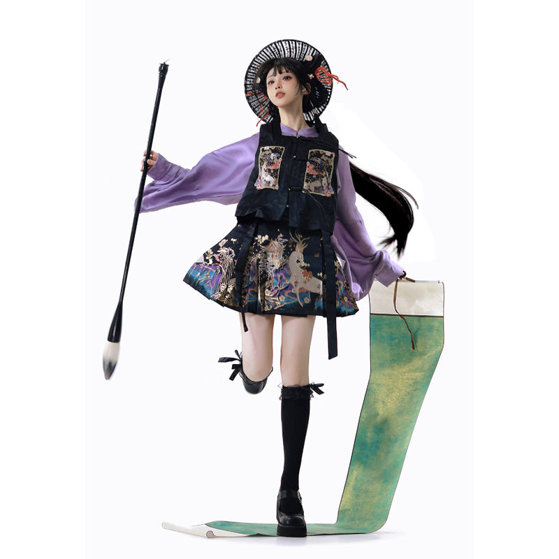 神話の鹿の刺繍プリーツスカートとトップスとベスト