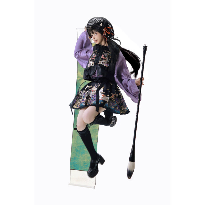 神話の鹿の刺繍プリーツスカートとトップスとベスト