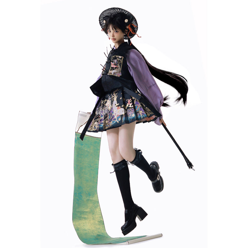 神話の鹿の刺繍プリーツスカートとトップスとベスト