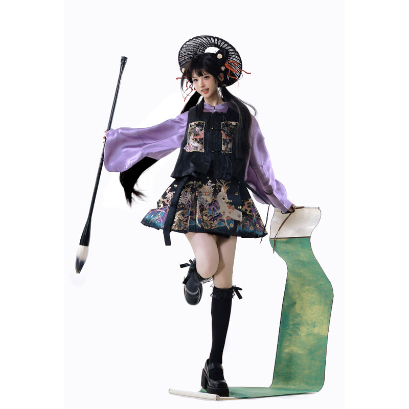 神話の鹿の刺繍プリーツスカートとトップスとベスト