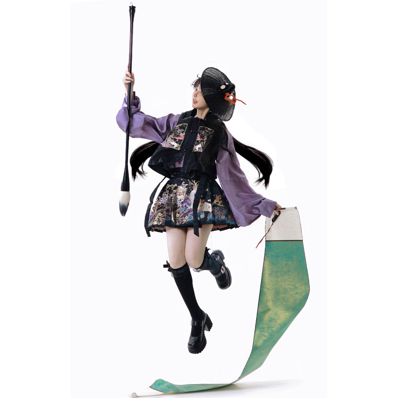 神話の鹿の刺繍プリーツスカートとトップスとベスト