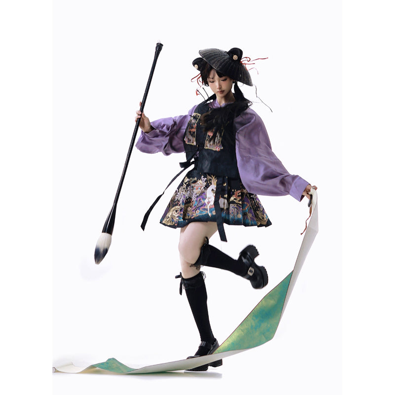 神話の鹿の刺繍プリーツスカートとトップスとベスト