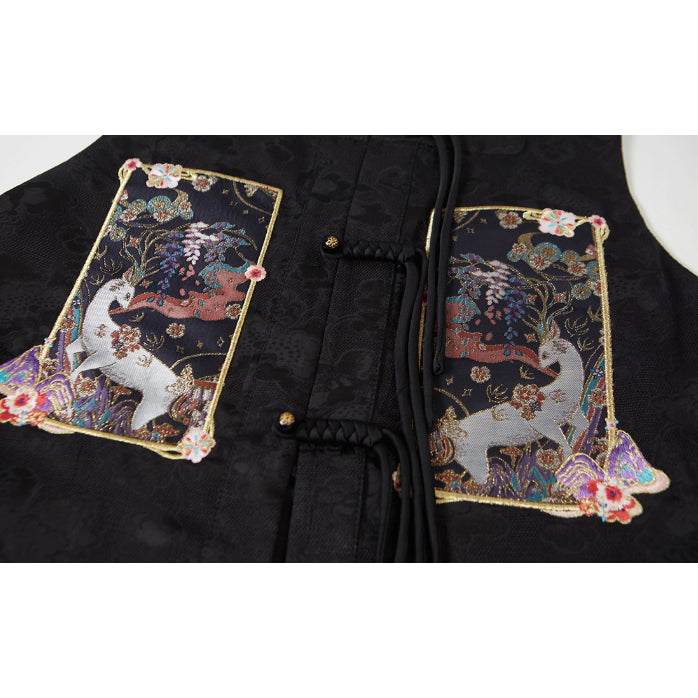 神話の鹿の刺繍プリーツスカートとトップスとベスト