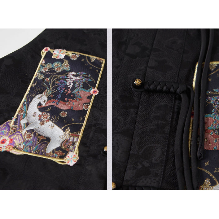 神話の鹿の刺繍プリーツスカートとトップスとベスト