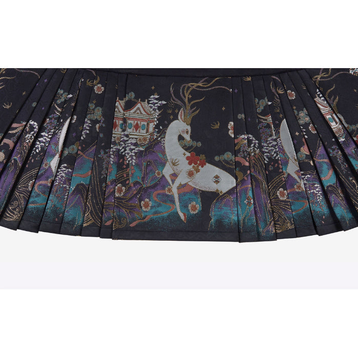 神話の鹿の刺繍プリーツスカートとトップスとベスト