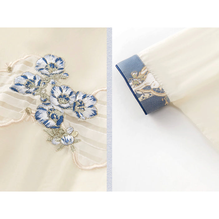 花に遊ぶ子羊の刺繍ストラップワンピースとトップス