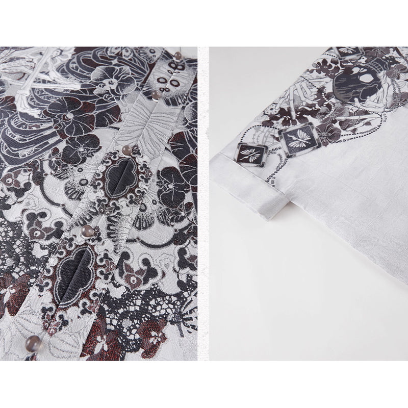 骸骨と花鳥図トップスと刺繍エプロンとプリーツスカート