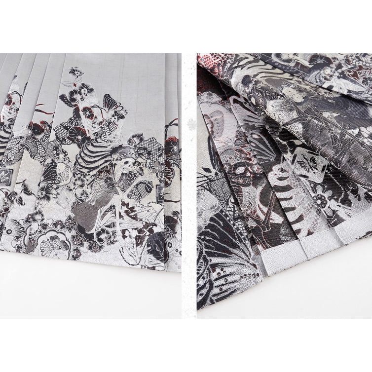 骸骨と花鳥図トップスと刺繍エプロンとプリーツスカート