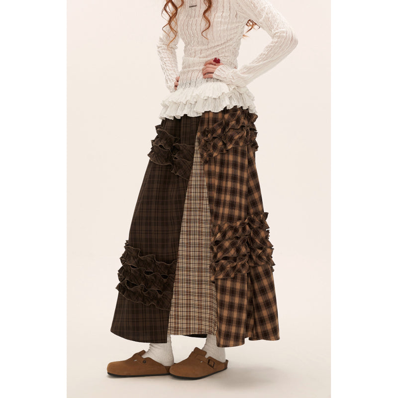 Brown Check Layered Long Skirt