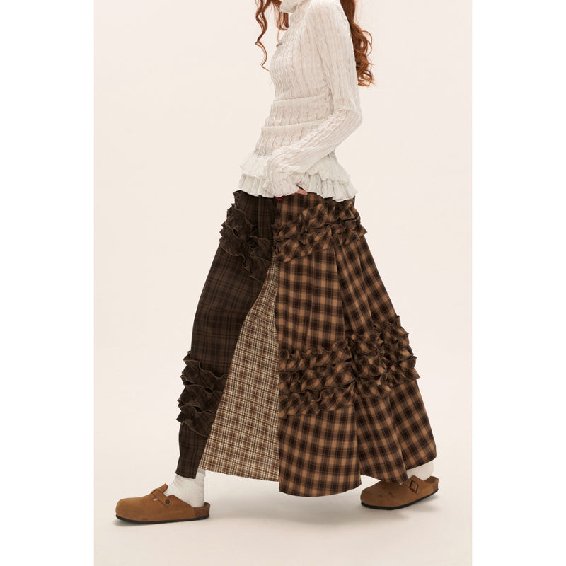 Brown Check Layered Long Skirt