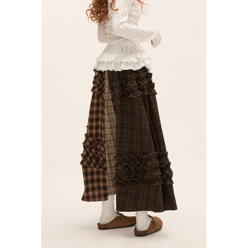 Brown Check Layered Long Skirt