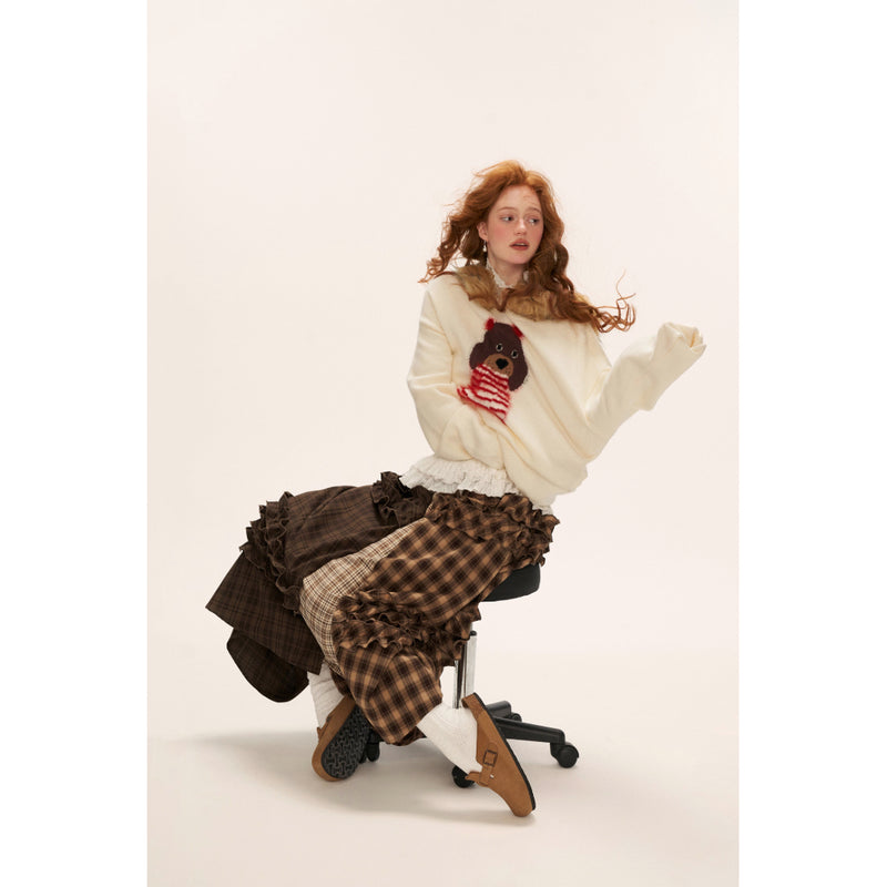 Brown Check Layered Long Skirt