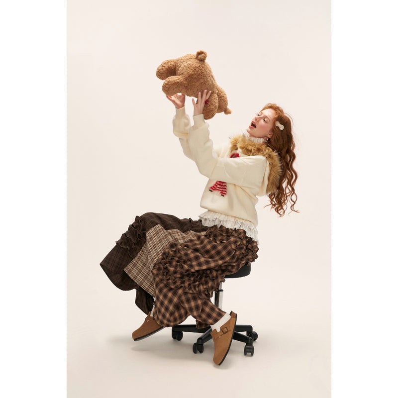 Brown Check Layered Long Skirt