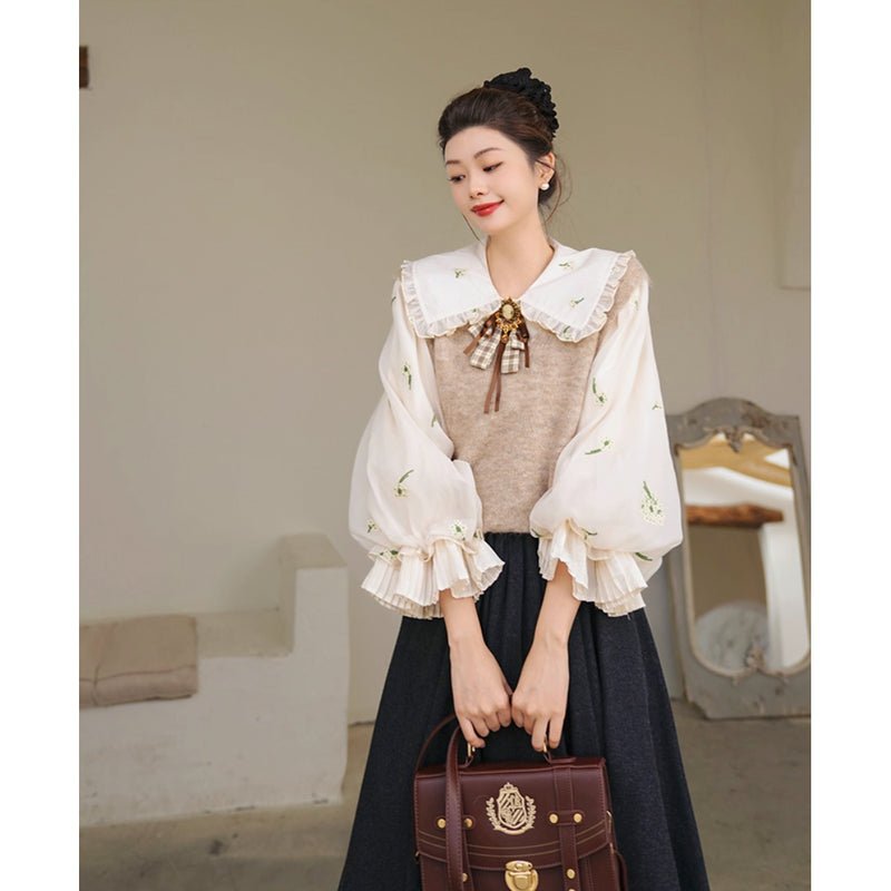 宮廷の花の刺繍ヴィクトリアンブラウスとニットベスト