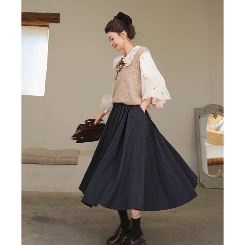 宮廷の花の刺繍ヴィクトリアンブラウスとニットベスト