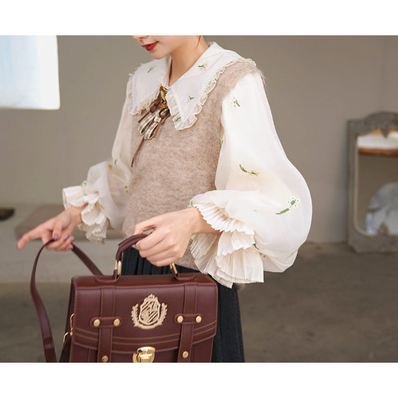 宮廷の花の刺繍ヴィクトリアンブラウスとニットベスト