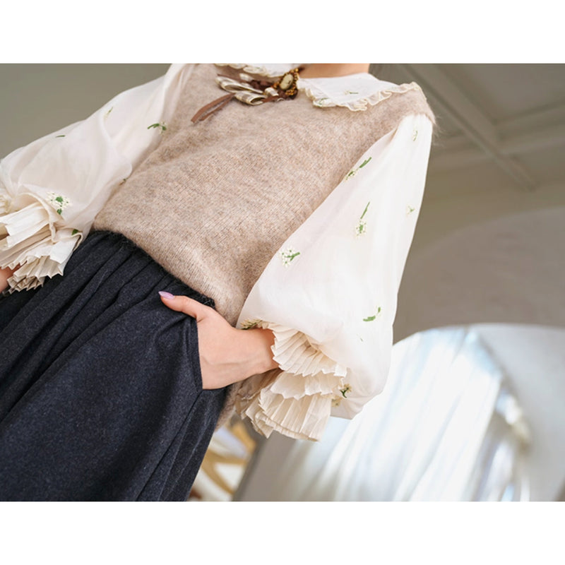 宮廷の花の刺繍ヴィクトリアンブラウスとニットベスト