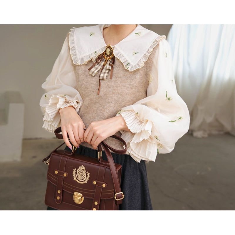 宮廷の花の刺繍ヴィクトリアンブラウスとニットベスト