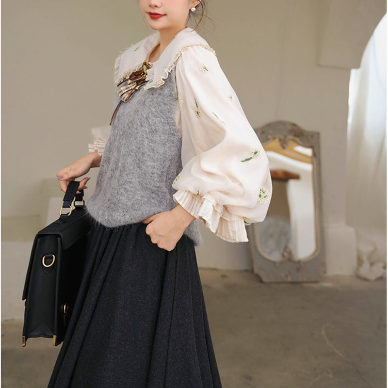 宮廷の花の刺繍ヴィクトリアンブラウスとニットベスト