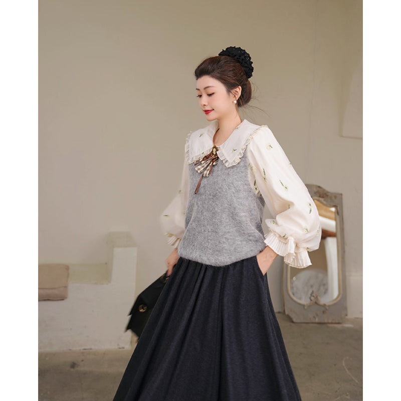 宮廷の花の刺繍ヴィクトリアンブラウスとニットベスト