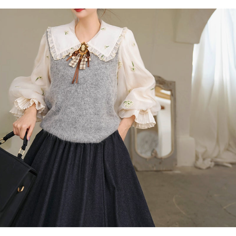 宮廷の花の刺繍ヴィクトリアンブラウスとニットベスト