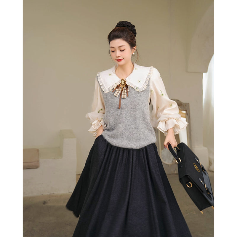 宮廷の花の刺繍ヴィクトリアンブラウスとニットベスト