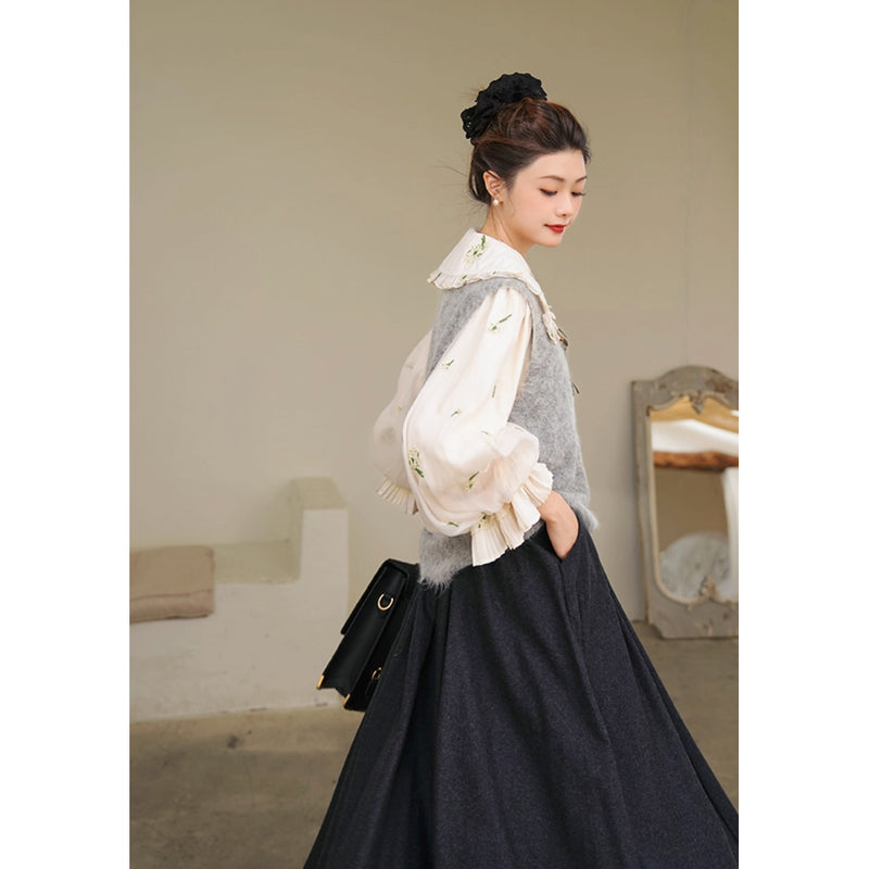 宮廷の花の刺繍ヴィクトリアンブラウスとニットベスト