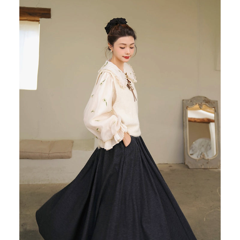 宮廷の花の刺繍ヴィクトリアンブラウスとニットベスト