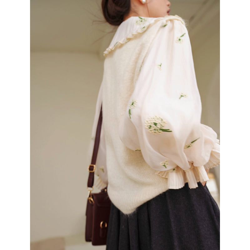 宮廷の花の刺繍ヴィクトリアンブラウスとニットベスト