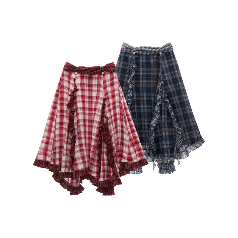 Asymmetrical Ruffled Checkered Skirt